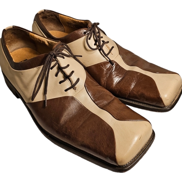 Stacy Adams Two Tone Cream and Chocolate Brown Leather 10.5 Medium Square - Picture 1 of 9